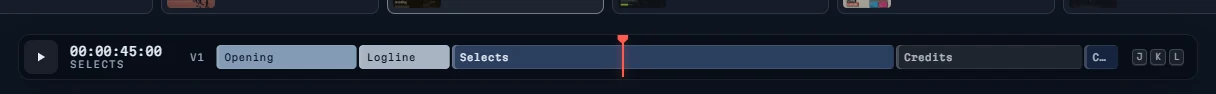 The timeline strip: a play button, the timecode 00:00:45:00 with SELECTS beneath it, and coloured clips labelled Opening, Logline, Selects and Credits, with a red playhead inside Selects.