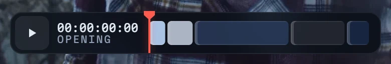 The compact phone strip: a play button, the timecode 00:00:00:00 with OPENING beneath it, and five unlabelled colour blocks.