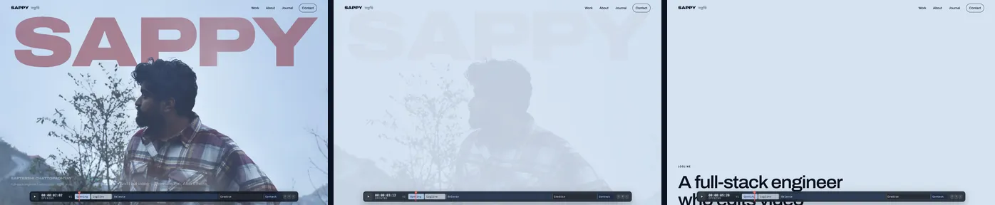 Three frames of the home page while scrolling: the title rising into mist, the photo almost gone, then the next section’s text on a plain mist background.