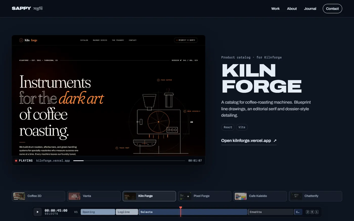 The Selects section of devsappy.space: a monitor playing a recording of the Kiln Forge site beside the project's title and description, with a strip of six project thumbnails below.