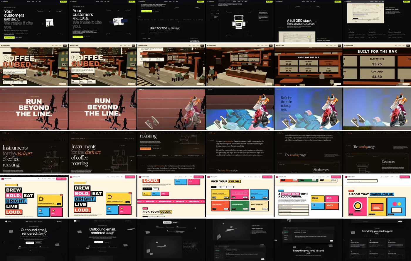A contact sheet of six rows, one per project, each showing six frames from its recording: Pixel Forge, Coffee 3D, Vanta, Kiln Forge, Cafe Kaleido and Chatterify.