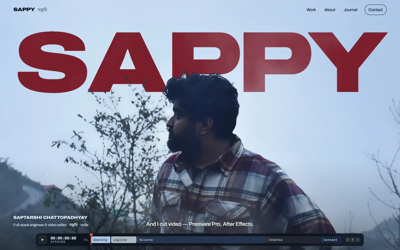 The devsappy.space home page hero at 1440 by 900 pixels: the title SAPPY in red behind a man in a plaid shirt on a misty hillside, with the page timeline along the bottom.