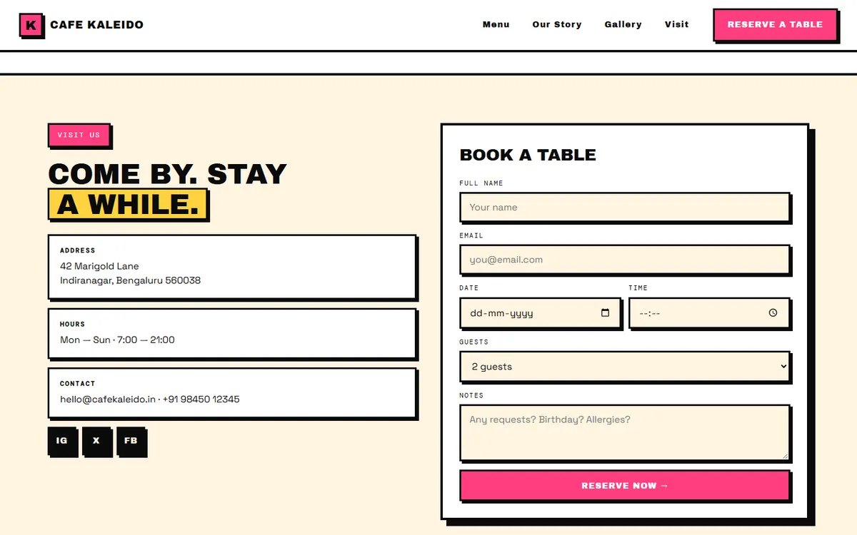 Visit section headed Come by. Stay a while., with address and hours beside a Book a table form