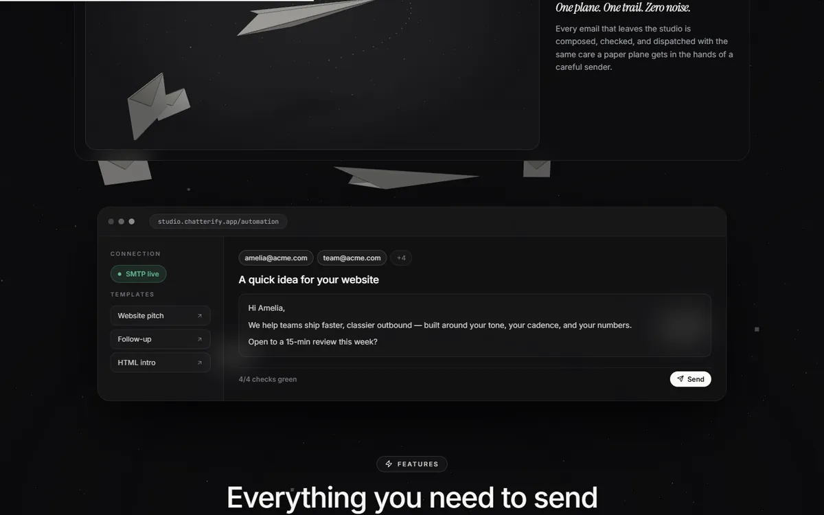 Composer mock showing SMTP live, saved templates and a draft titled A quick idea for your website