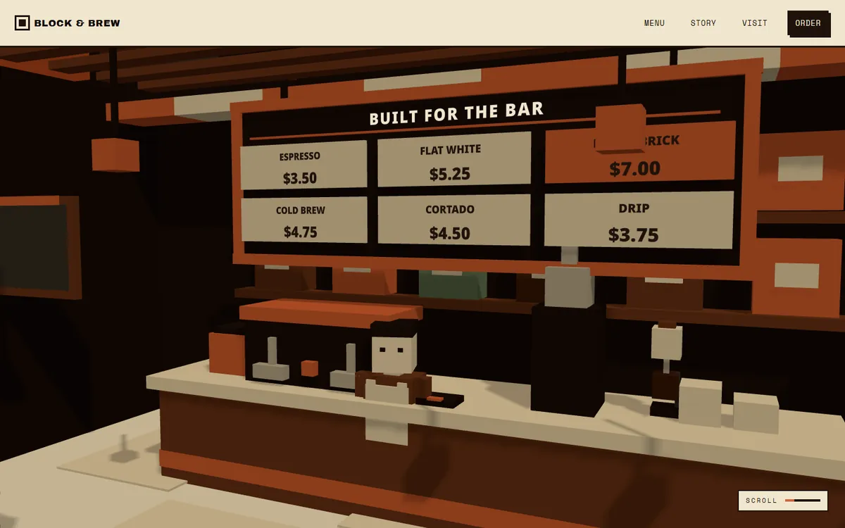 Voxel coffee bar with a menu board reading Built for the bar, listing espresso, flat white, cortado and drip prices