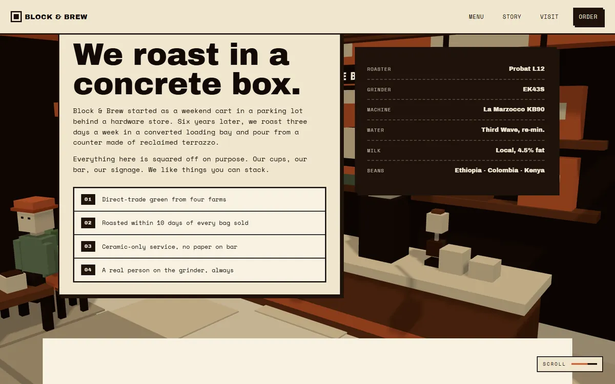 Story panel headed We roast in a concrete box, beside a spec card listing the roaster, grinder and espresso machine