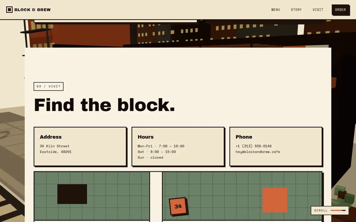 Visit section headed Find the block, with address, hours and phone cards above a drawn street map