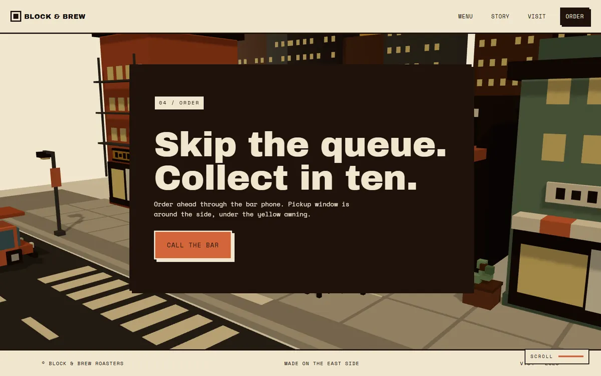 Order panel headed Skip the queue. Collect in ten., with a Call the bar button, over the voxel street