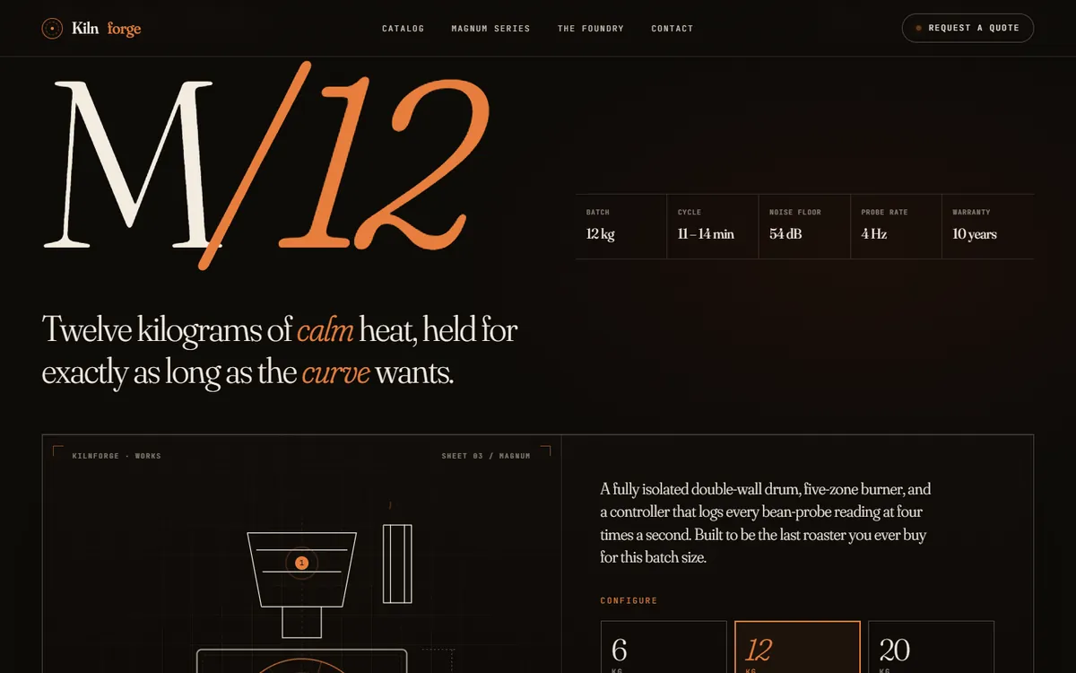Section for the M/12 roaster with a large M/12 numeral, a headline about twelve kilograms of calm heat and a row of specs