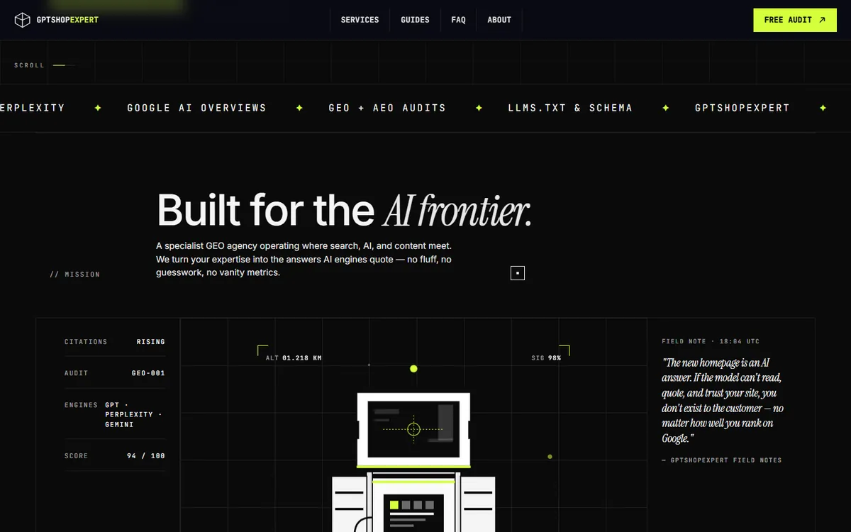 Section headed Built for the AI frontier, with a services ticker above and HUD readouts around a satellite illustration