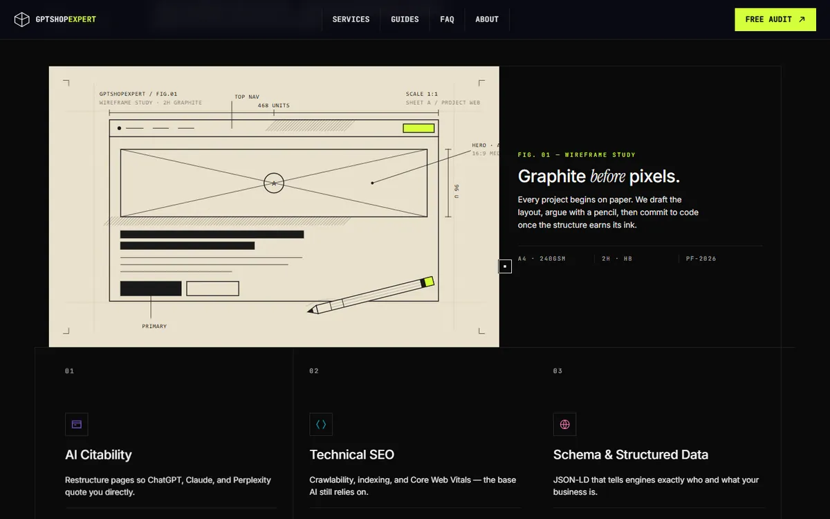 Wireframe study card titled Graphite before pixels, above service cards for AI citability, technical SEO and schema