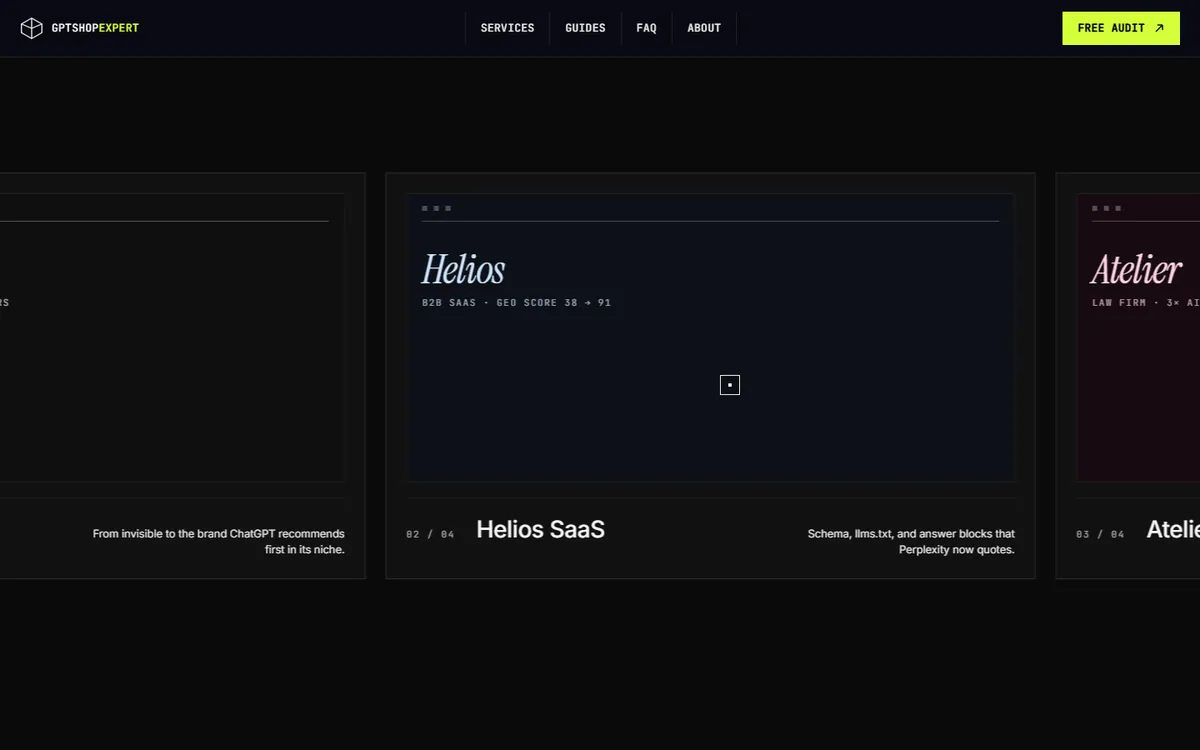 Horizontally scrolling case cards, with Helios SaaS in view and the next card entering from the right
