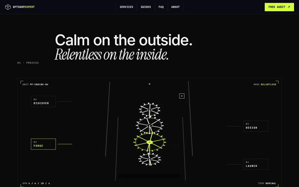 Process section headed Calm on the outside. Relentless on the inside., with discover, design, forge and launch around a line graphic