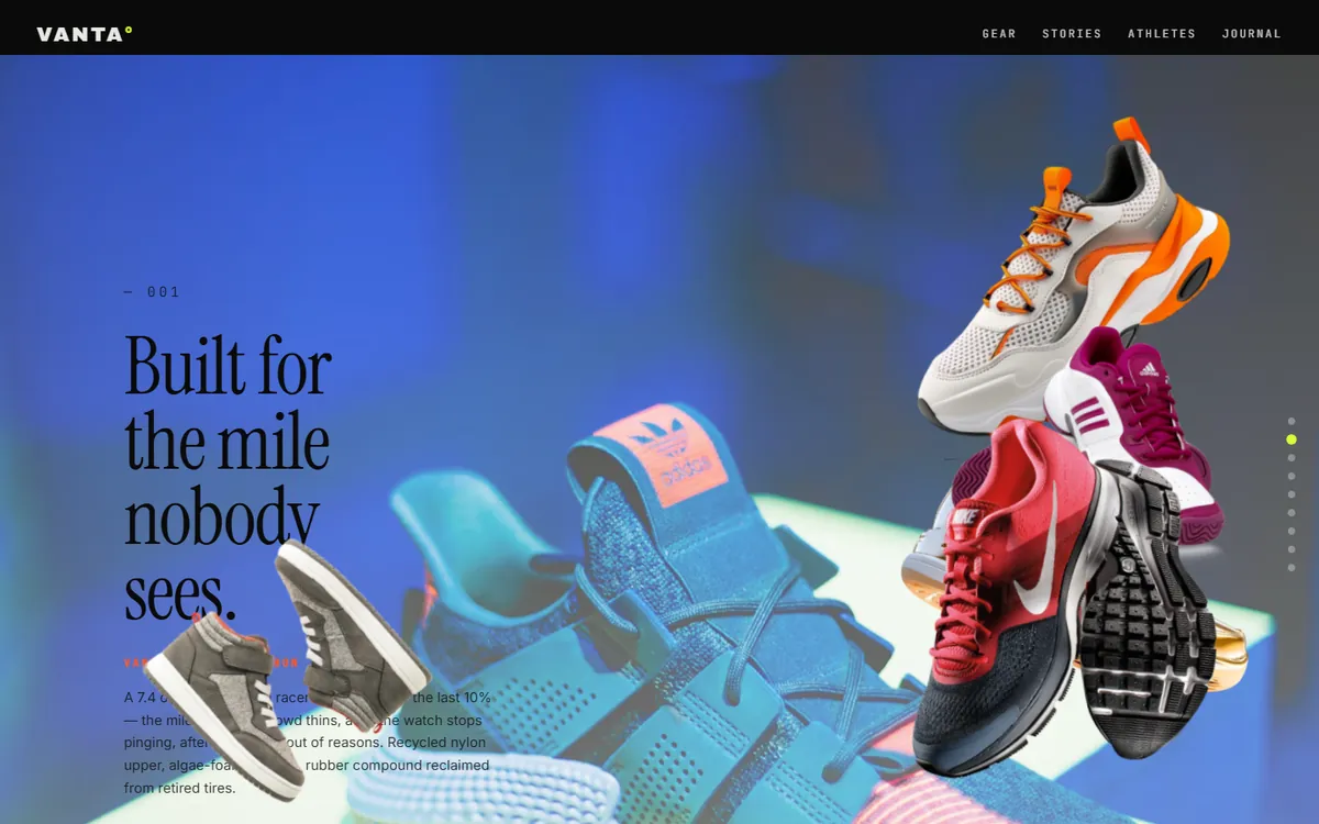 Headline Built for the mile nobody sees. over a blue-lit close-up of a running shoe, with the pinned sneaker stack on the right