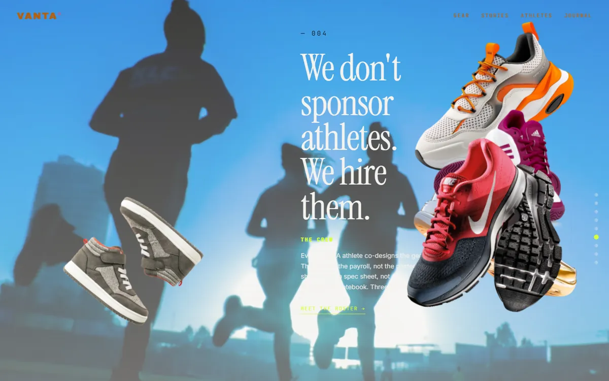 Headline We don’t sponsor athletes. We hire them. over silhouettes of runners against a bright sky