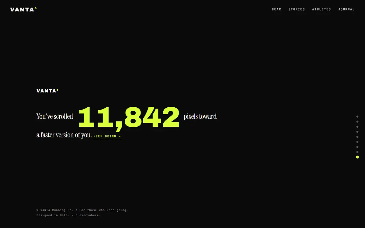 Closing screen reading You’ve scrolled 11,842 pixels toward a faster version of you, in lime on black